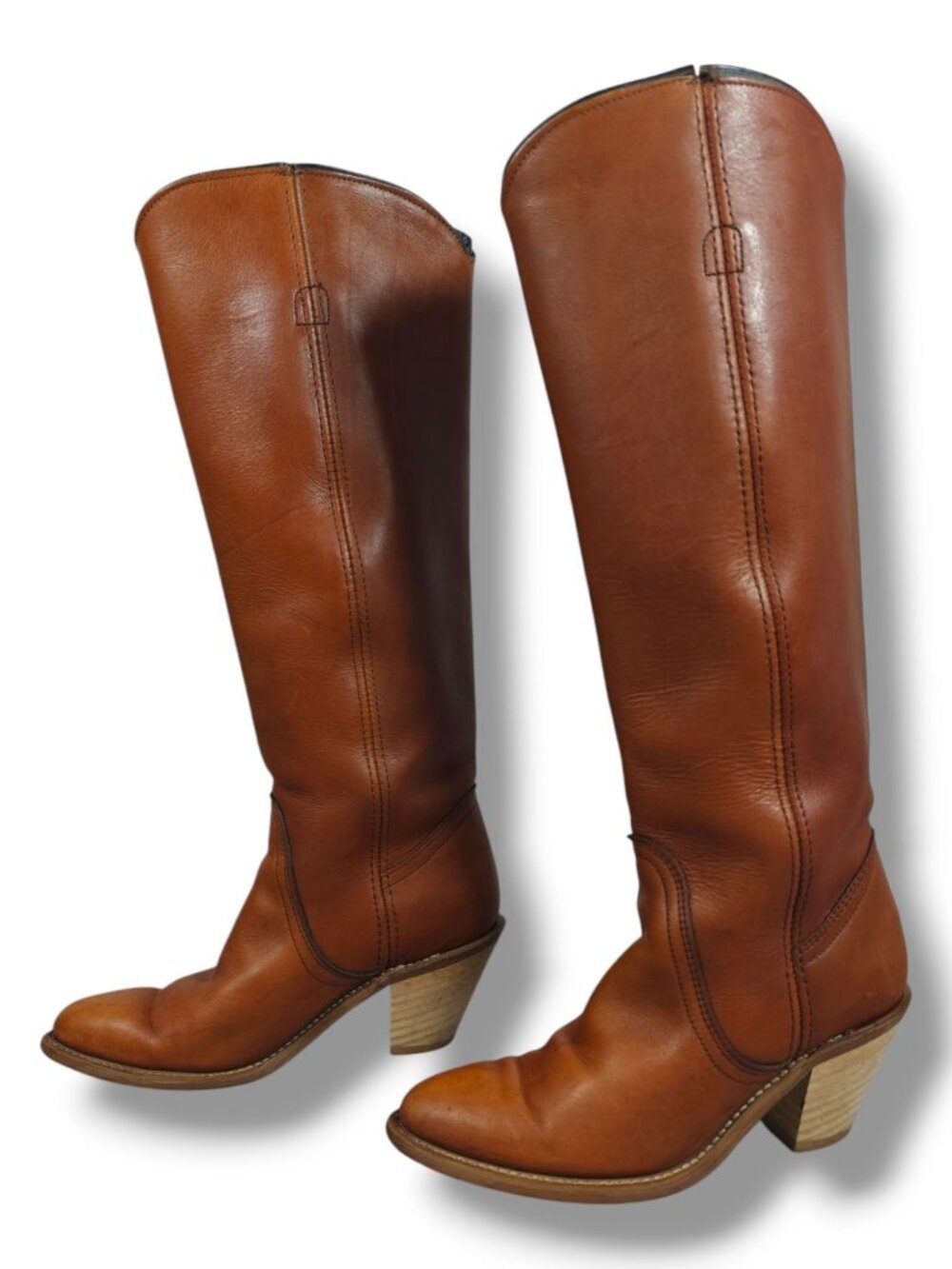 Frye Womens Leather Tall Western Boots Tan Size 5.5 Stacked Heel Genuine Leather